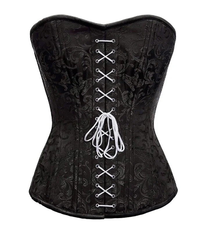 Corset with floral stitching-Black Brocade Spiral Steel Boned Corset For Waist Training Overbust Top