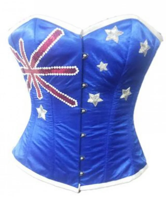 Corset dress with bow overlay-Blue Satin Australia Flag Sequins Handwork Waist Training Overbust Corset Top