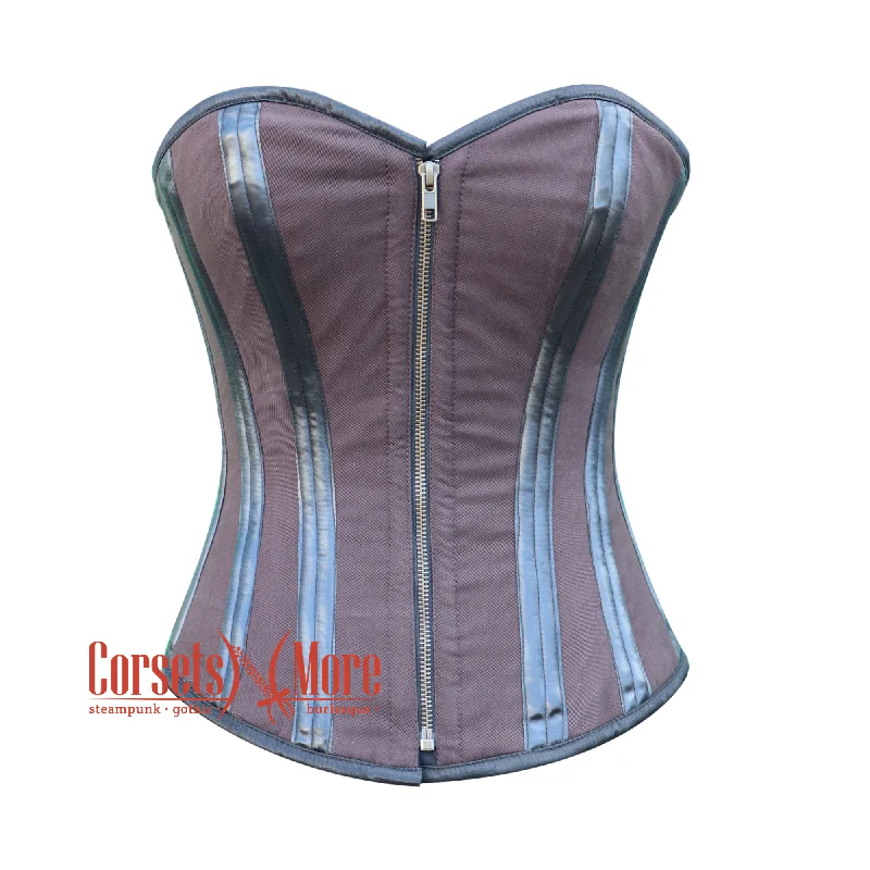 Corset top with sheer hem-Brown Cotton Leather Stripe Steampunk Double Bone Costume for Halloween Overbust Corset