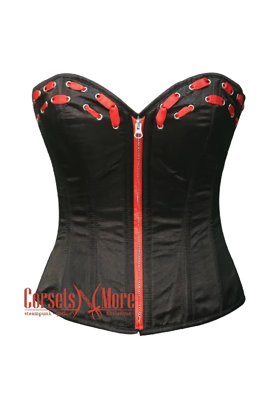 Corset with velvet trim-Plus Size Black Satin With Red Lace Front Zipper Overbust Gothic Corset Burlesque Costume