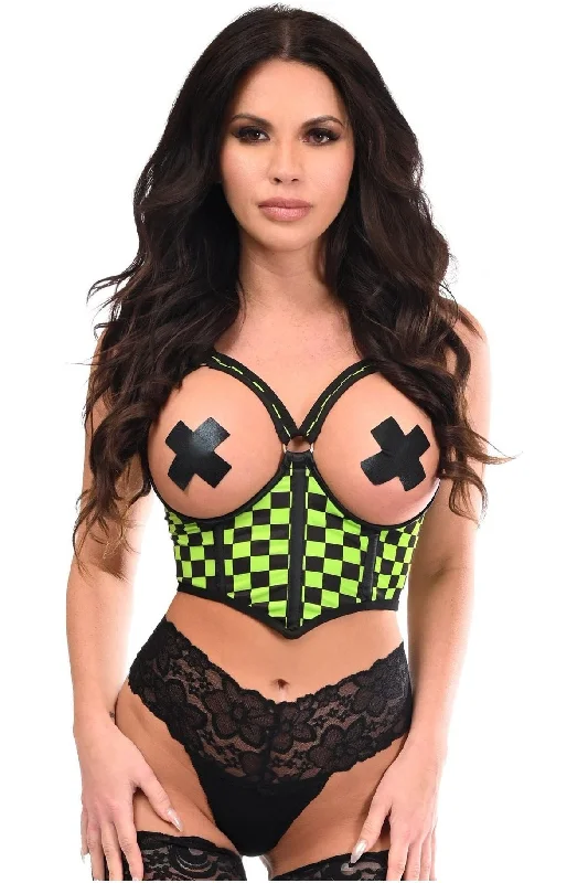 Silent clit rings-Lavish Neon Green Checker Underwire Open Cup Lycra Cincher w/Criss Cross Back