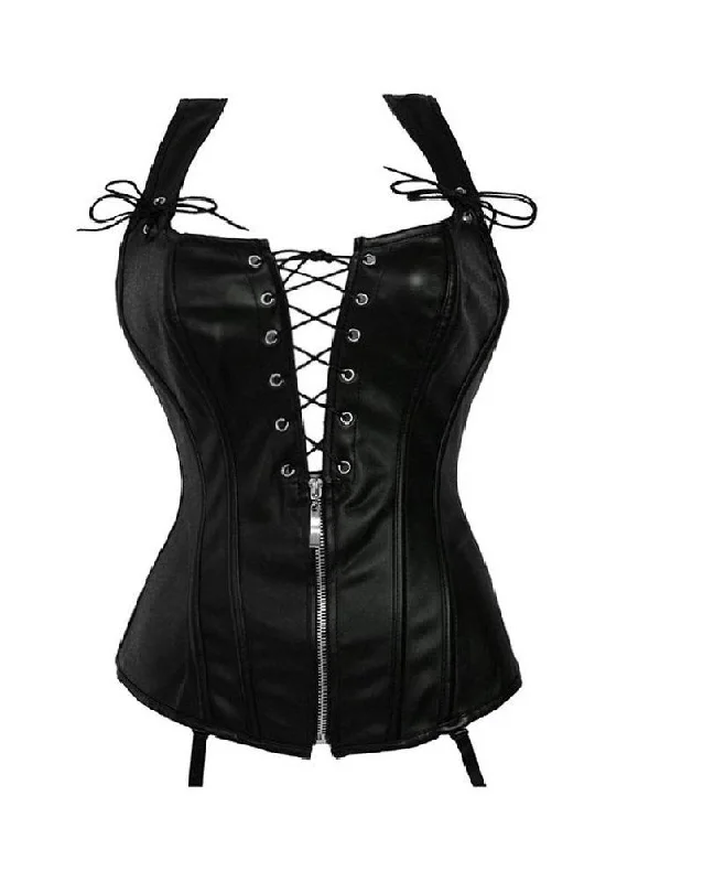 Corset with satin ribbon-Black Faux Leather Zipper And Lacing Overbust Corset Waist Training