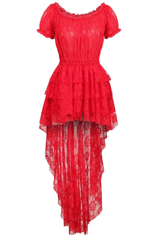 Mini air dildos-Red High Low Lace Dress