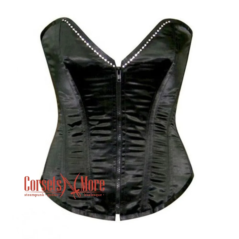 Corset dress with flared hem-Black Satin Burlesque Gothic Overbust Bustier Corset