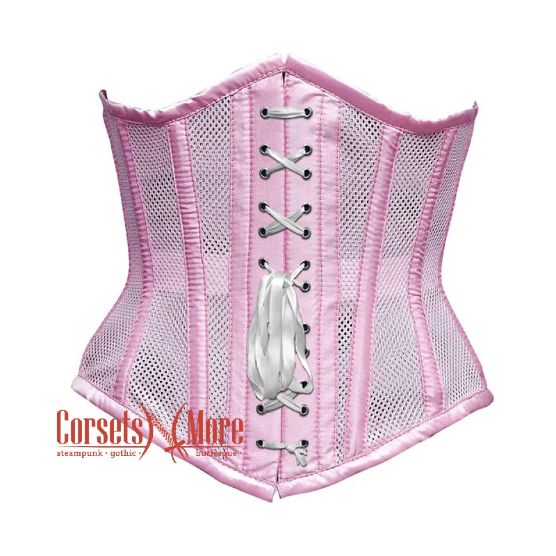 Corset for timeless glamour-Plus Size  Baby Pink Mesh Satin Stripes Burlesque Gothic Front Lace Waist Training Underbust Corset