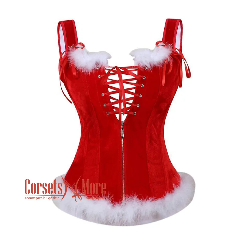 Corset top with bow trim-Gothic Red Velvet Shoulder Strap Overbust Gothic Corset