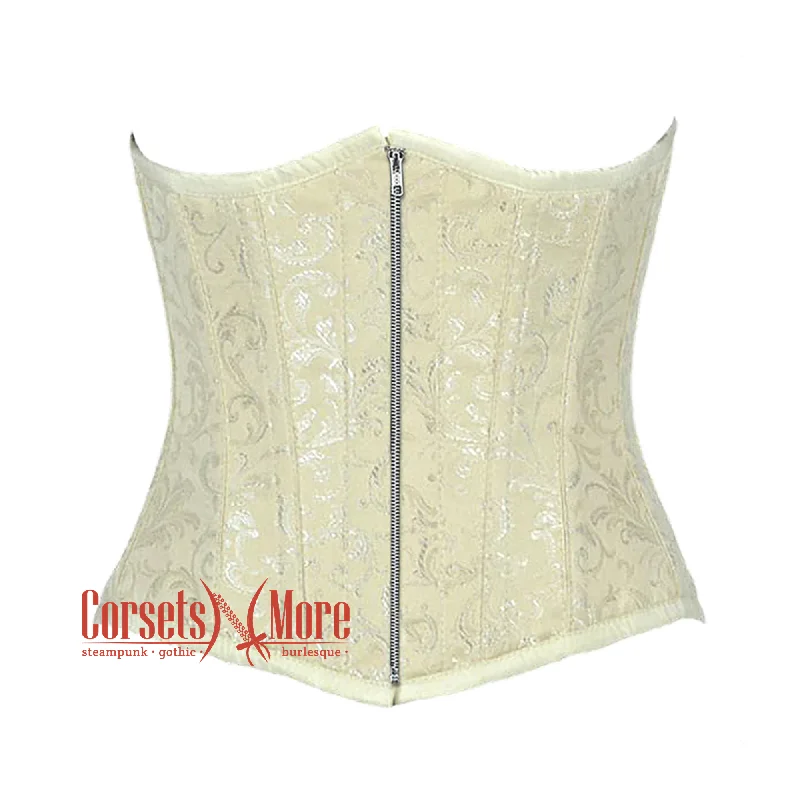 Corset with sheer straps-Ivory Brocade Silver Zipper Gothic Burlesque Waist Training Underbust Corset Bustier Top