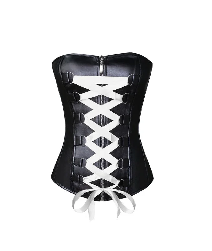 Corset for polished contours-Plus Size Black Faux Leather White Satin Lace Gothic Overbust Corset Waist Training Bustier Steampunk Costume