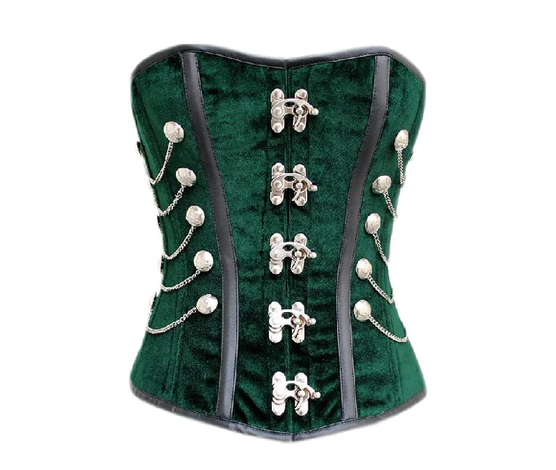 Corset for vintage elegance-Green Velvet Faux Leather Strips Steampunk Corset Waist Training Overbust