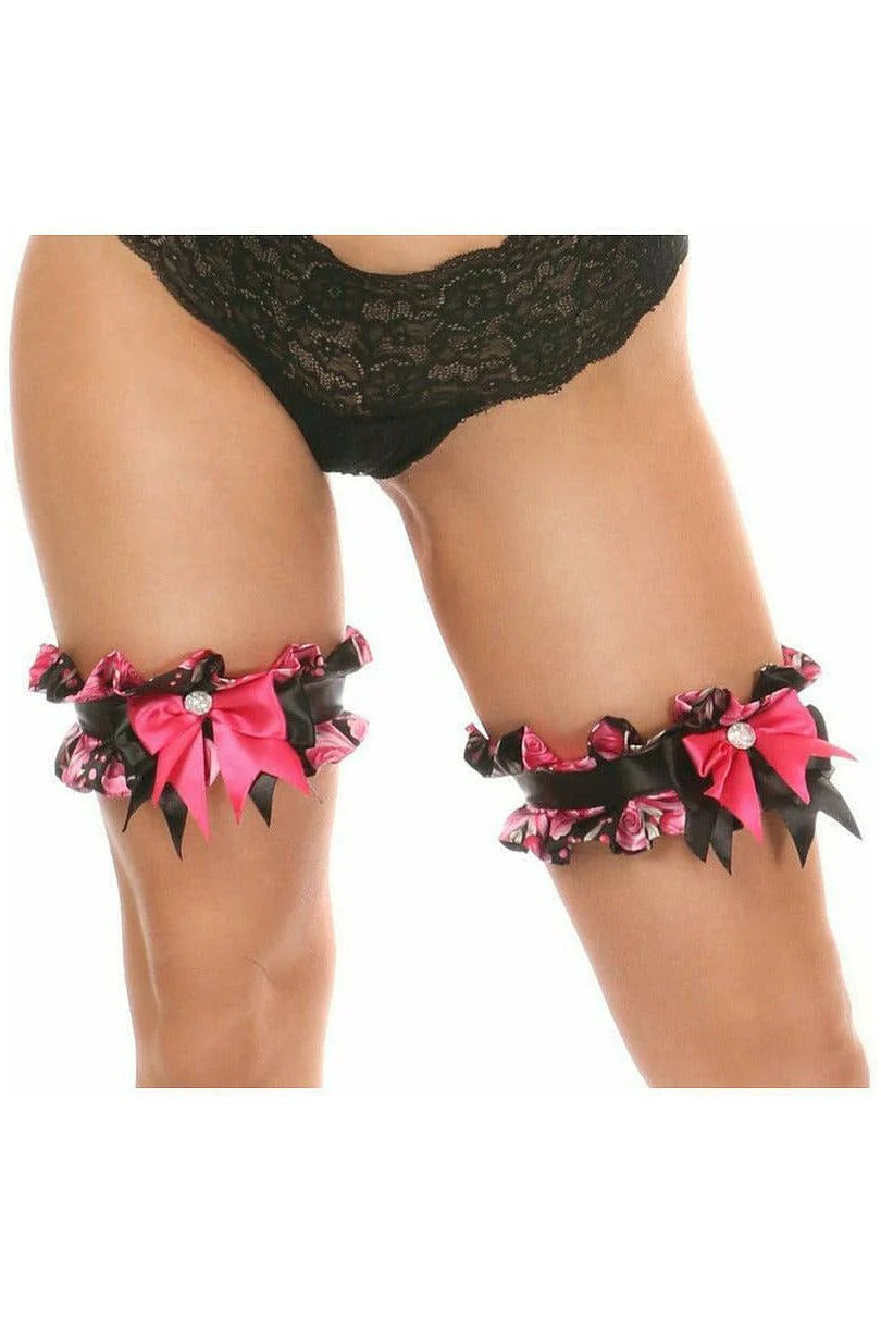 Rechargeable clit rings-Kitten Pink Floral Satin Leg Garters