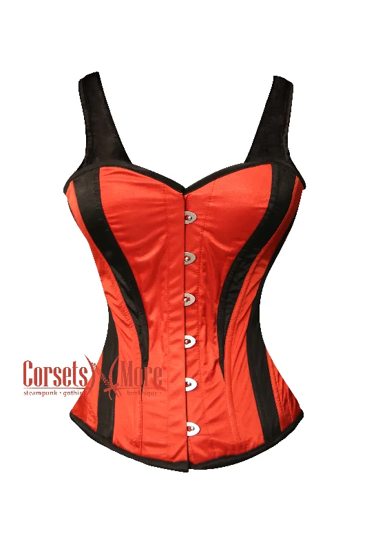 Corset with ruched trim-Red And Black Satin Shoulder Strap Valentine Costume