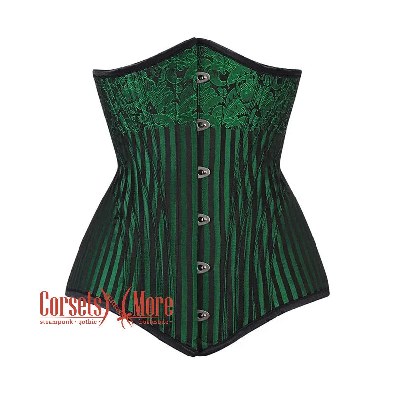 Corset top with velvet straps-Green And Black Brocade Long Underbust Corset Gothic Costume Bustier Top