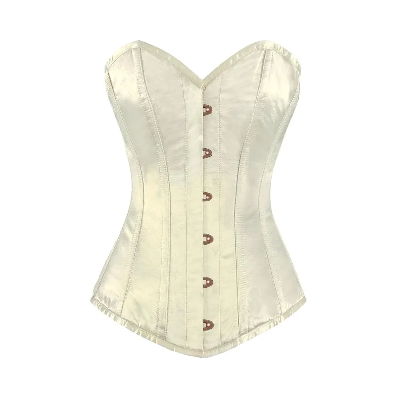 Corset for graceful elegance-Ivory Satin Long Burlesque Front Antique Busk Overbust Corset