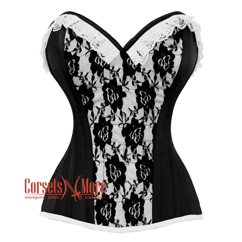 Corset for sleek grace-Black And White Brocade With Front Close Overbust Corset