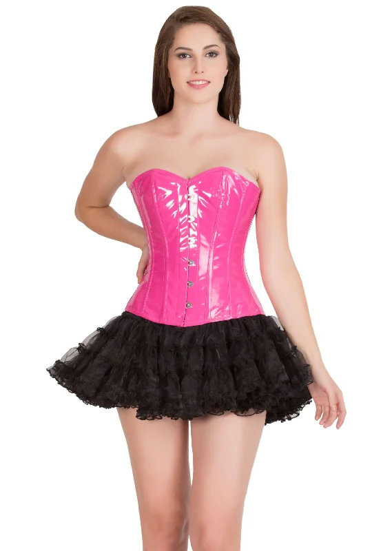 Corset with ruched trim-Pink PVC Leather Gothic Corset Burlesque Bustier Waist Training Overbust Corset Top for Women