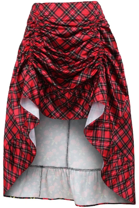 Sex toys for sensual moments-Red Plaid Satin Adjustable High Low Skirt - 34" Long