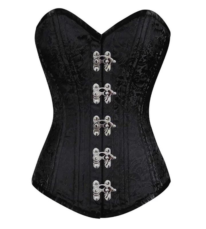 Corset top with lace trim-Black Brocade Spiral Steel Boned LONGLINE Corset Waist Training Goth Burlesque Costume Seal Lock Opening Overbust Bustier Top