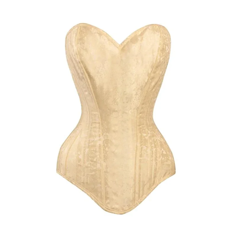 Corset with sheer straps-Ivory Brocade Long U Shaped Burlesque Front Closed Overbust Corset