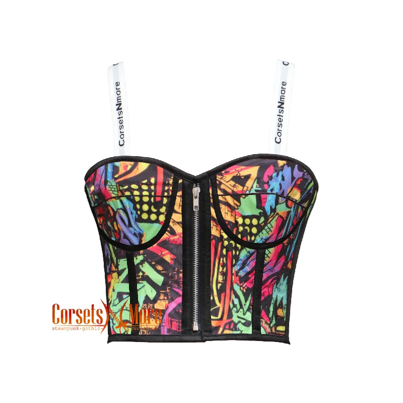 Corset top with sheer hem-Graffiti Print Bustier Corset Crop Overbust Burlesque Top