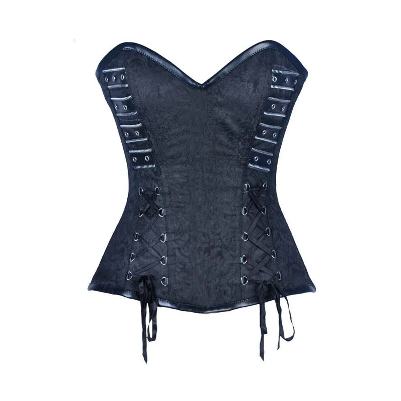 Corset with satin inserts-Black Brocade Black Faux Leather Front Closed Overbust Corset