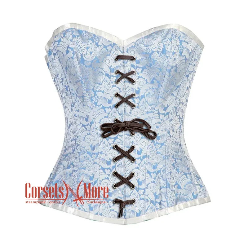 Corset for subtle grace-Blue And White Brocade With Lace Burlesque Gothic Overbust Corset Bustier Top