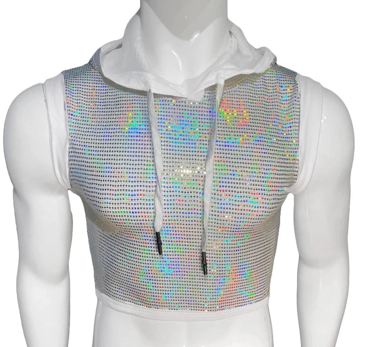 Rechargeable slim toys-Flat Sequins Hooded Crop Top - WHITE HOLOGRAPHIC