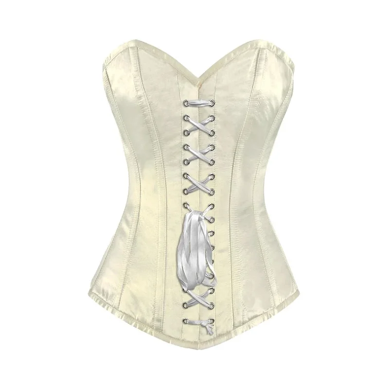 Corset for timeless fit-Ivory Satin Long Burlesque Front White Ribbon Overbust Corset