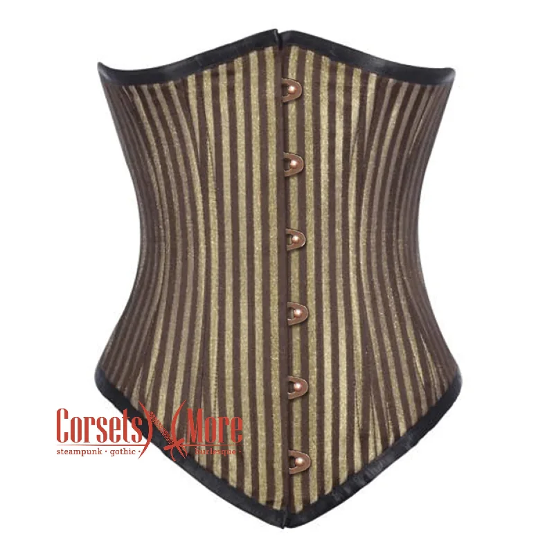 Corset top with floral hem-Plus Size Brown and Golden Brocade With Front Antique Busk Gothic Long Underbust Waist Training Corset