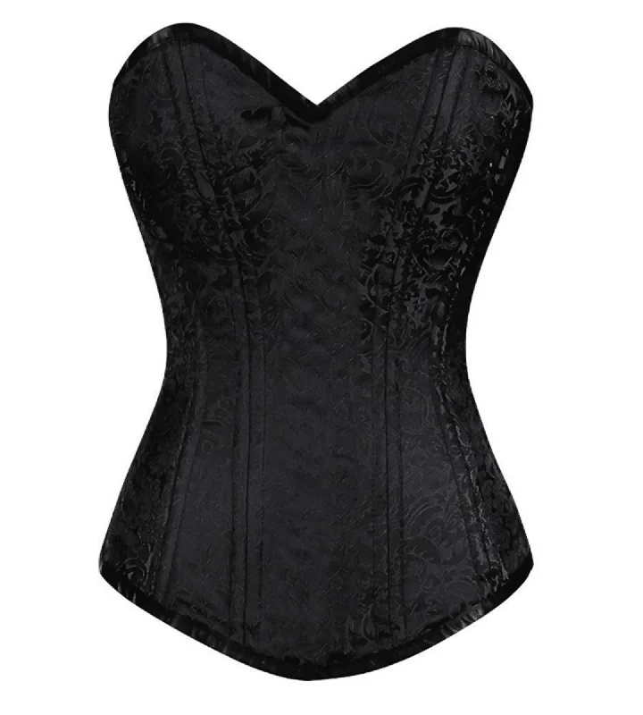 Corset dress for autumn elegance-Black Brocade Spiral Steel Boned Overbust Plus Size Glossy Corset Front Closed Goth Burlesque Costume Waist Training