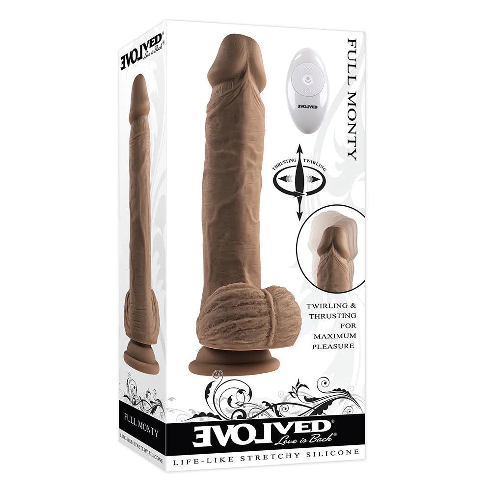 suitcase-dildo-Evolved Full Monty Rechargeable Remote-Controlled Thrusting Twirling 9 in. Silicone Dildo