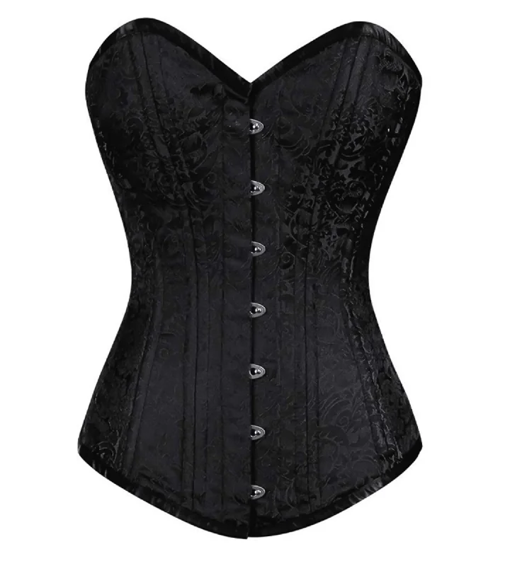 Corset for sleek looks-Black Brocade Spiral Steel Boned LONGLINE Corset Goth Burlesque Waist Training Overbust Bustier Top