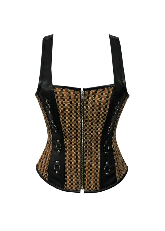 Corset for classic charm-Cotton Jute And Black Leather Shoulder Strap Steampunk Corset Gothic Overbust