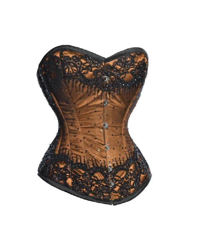 Corset top with sheer overlay-Brown Satin With Sequins Gothic Burlesque Corset Waist Training Overbust