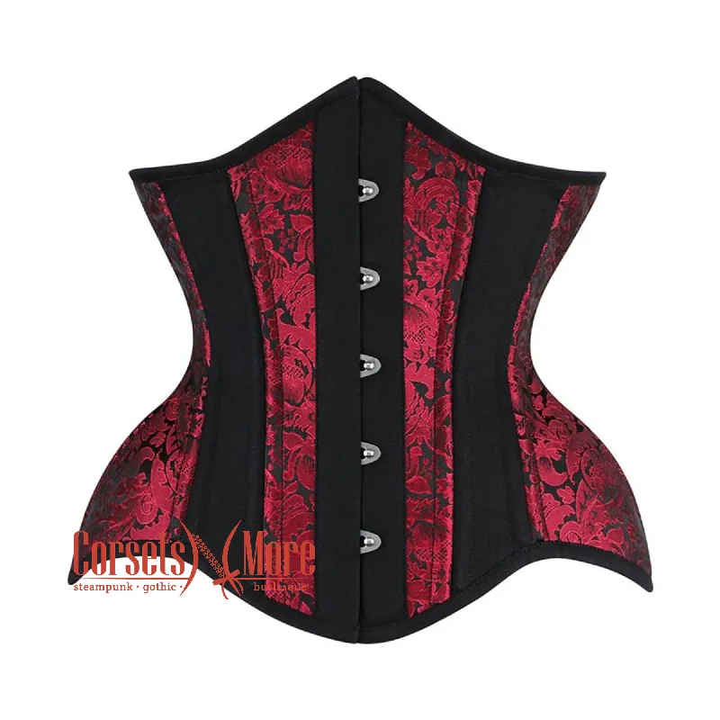 Corset with satin edging-Red and Black Brocade Black Cotton With Front Silver Busk Gothic Underbust Corset