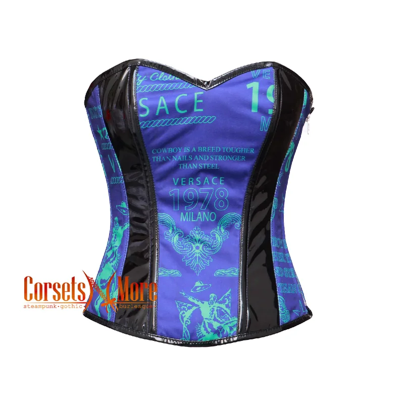 Corset for refined glamour-Digital Printed Blue and Black PVC Leather Corset Gothic Overbust Costume Top