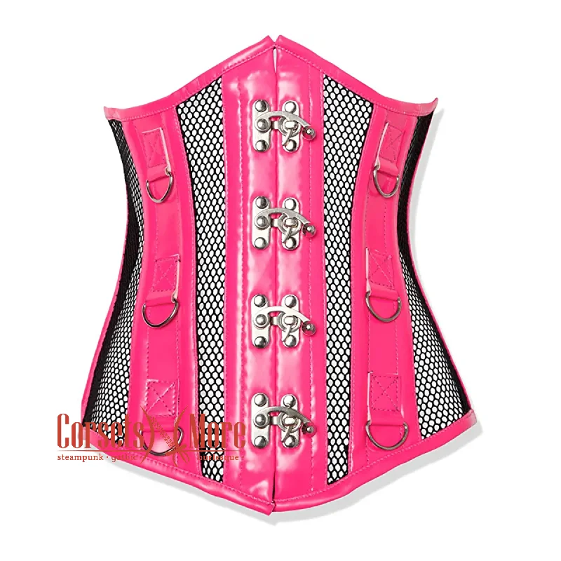 Corset dress with bow overlay-Plus Size Steampunk Hot Pink Pvc Leather With Black Mesh Costume Basque Underbust Top