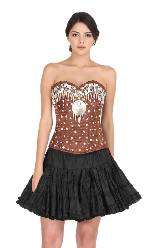 Corset for graceful charm-Brown Satin Sequins Handwork Gothic Overbust Corset Top