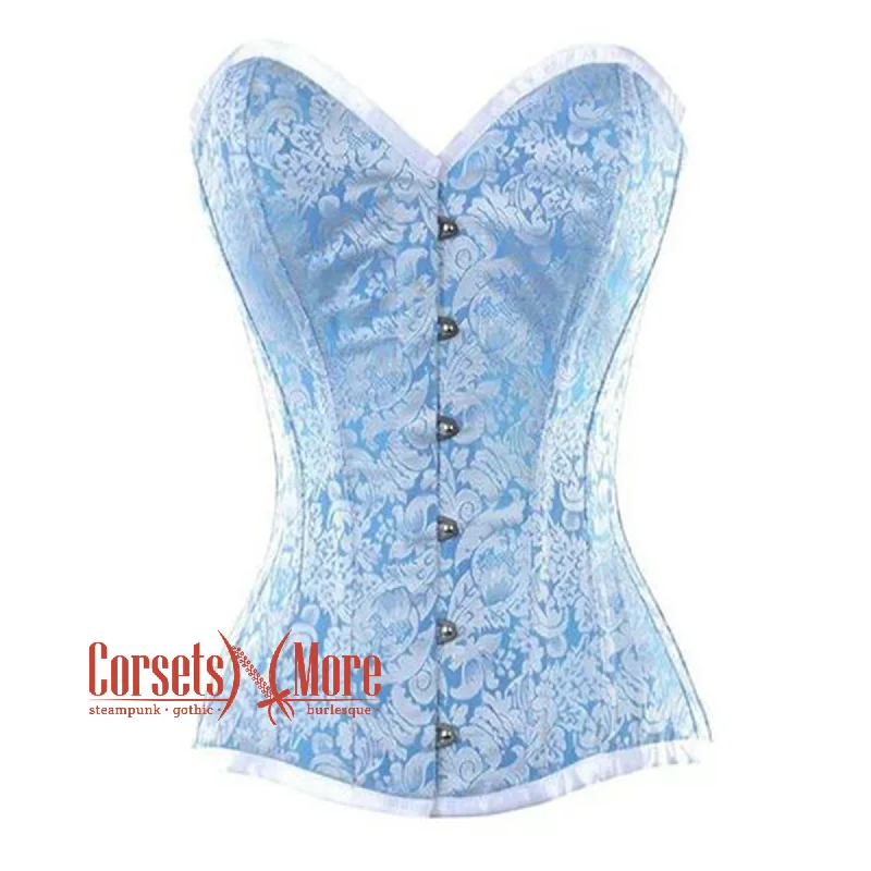 Corset dress with ruffled skirt-Baby Blue And White Brocade With Front Silver Busk Overbust Corset