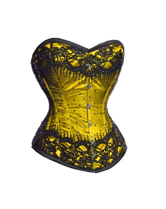 Corset with lace overlay-Yellow Glossy Satin With Sequins Burlesque Corset Waist Training Overbust