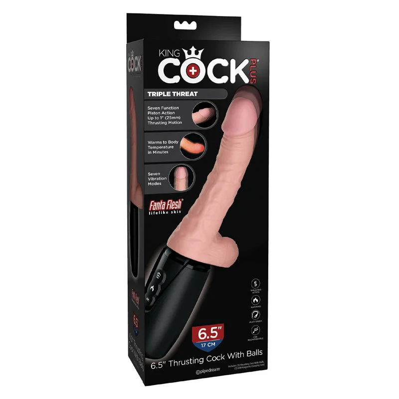 Vibrator pocket charger-Pipedream King Cock Plus 6.5 in. Thrusting Cock With Balls Rechargeable Realistic Vibrator Beige