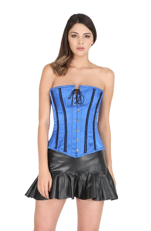 Corset with velvet overlay-Blue Satin Black Strips Lace Busk Opening Gothic Corset Burlesque Waist Training Bustier Black Leather Tutu Skirt Overbust Dress