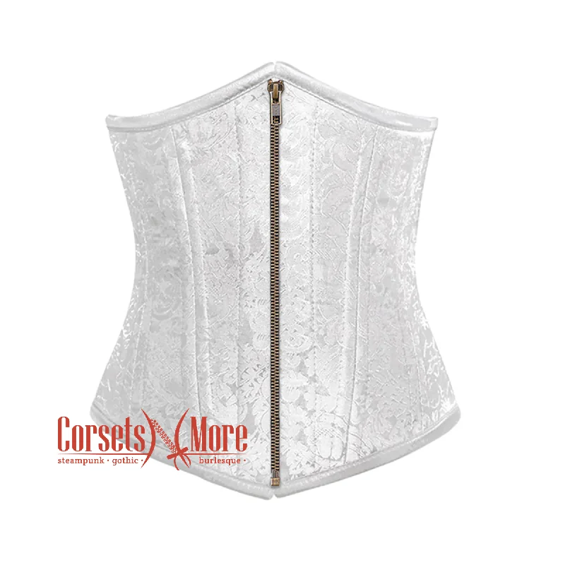 Corset for elegant charm-White Brocade Antique Zipper Double Bone Steampunk Gothic Waist Training Underbust Corset Bustier Top