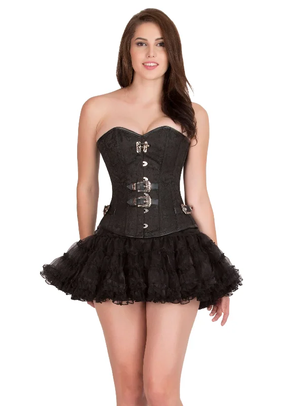 Corset for fitted elegance-Black Brocade Leather Piping Gothic Corset Steampunk Bustier Waist Training Overbust Top