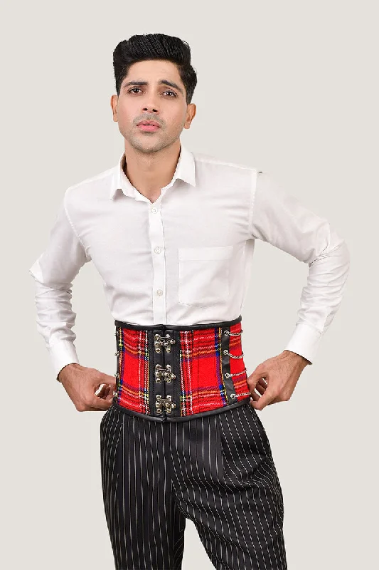 Corset top with draped front-Red Tartan Men Corset Waist Cincher