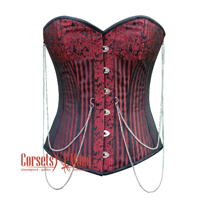 Corset in light plum-Red And Black Brocade Gothic Steampunk Bustier Corset Overbust Top