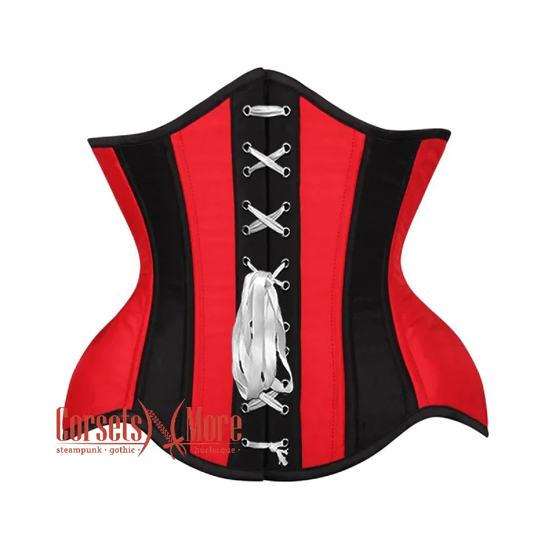 Corset in light plum-Red and Black Satin Net Overlay Stripe Front Clasps Waist Training Steampunk Underbust Corset