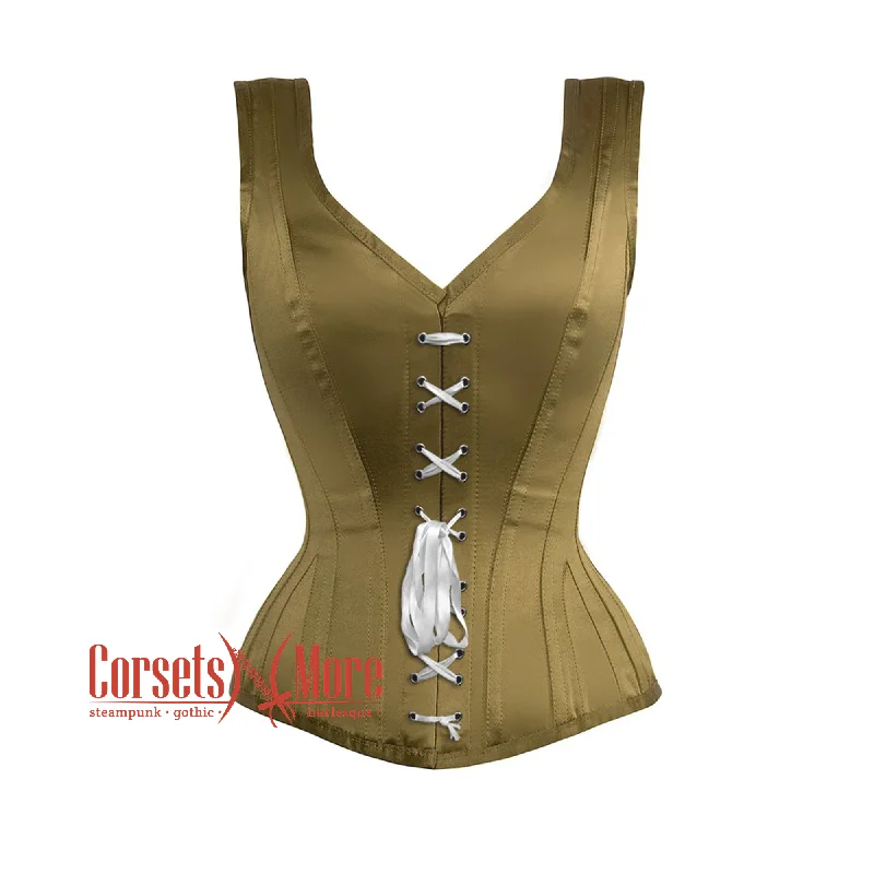 Corset dress in pale lavender-Olive Green Satin Burlesque Shoulder Strap Lace Design Corset Gothic Overbust Bustier Top