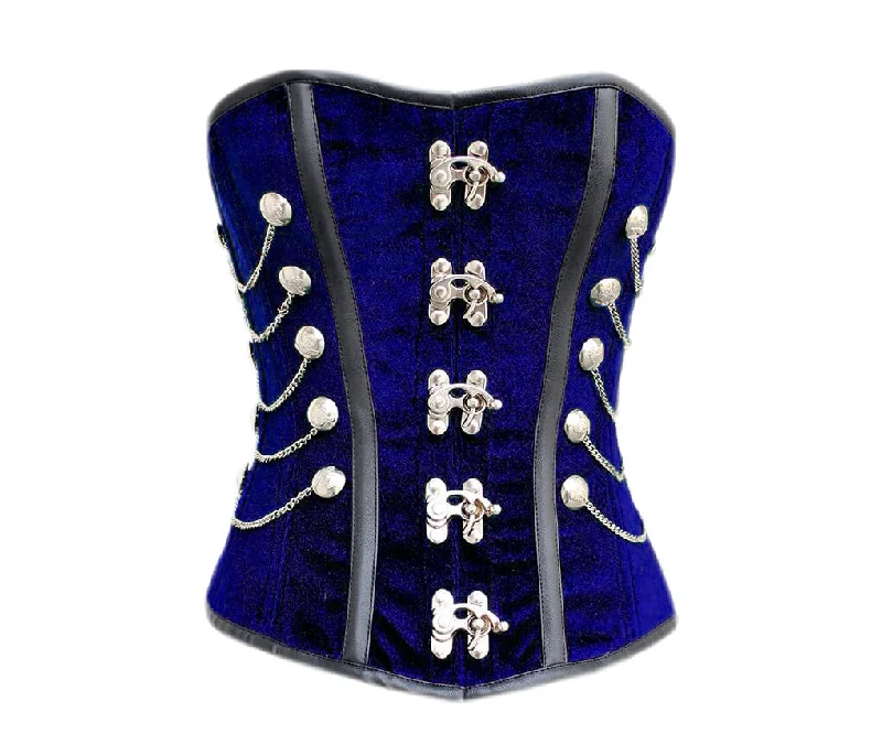 Corset top with satin bow-Blue Velvet Corset Black Faux Leather Strips Gothic Steampunk Overbust Costume