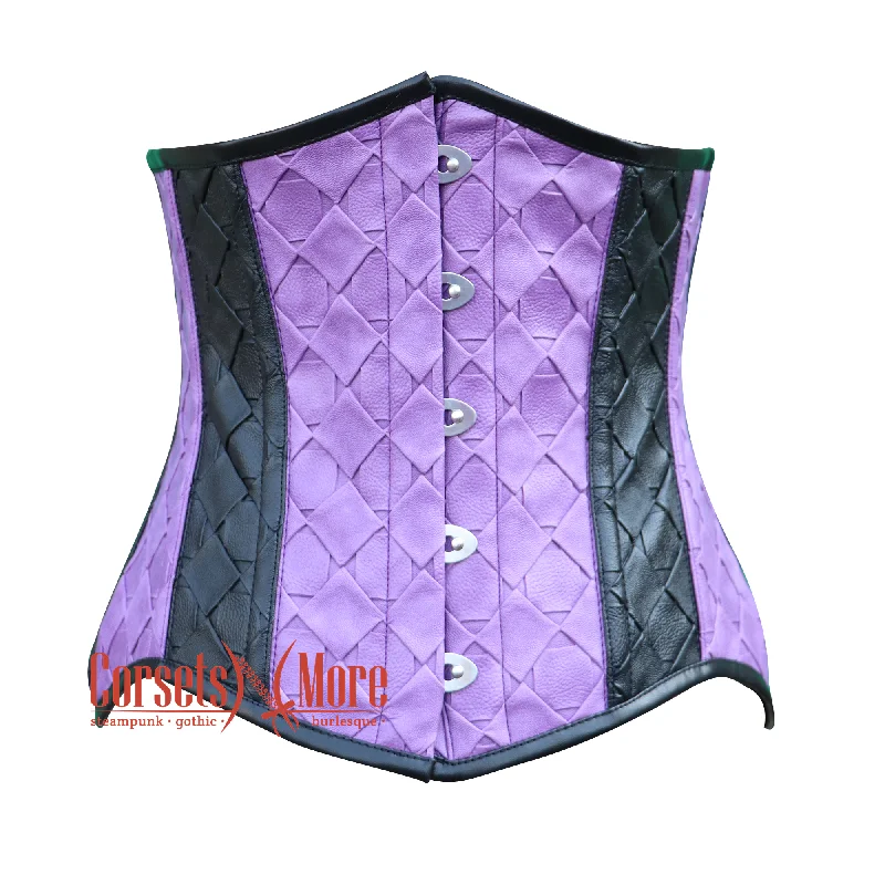 Corset with velvet trim-Purple And Black Faux Leather Gothic Underbust Steampunk Corset Halloween Top