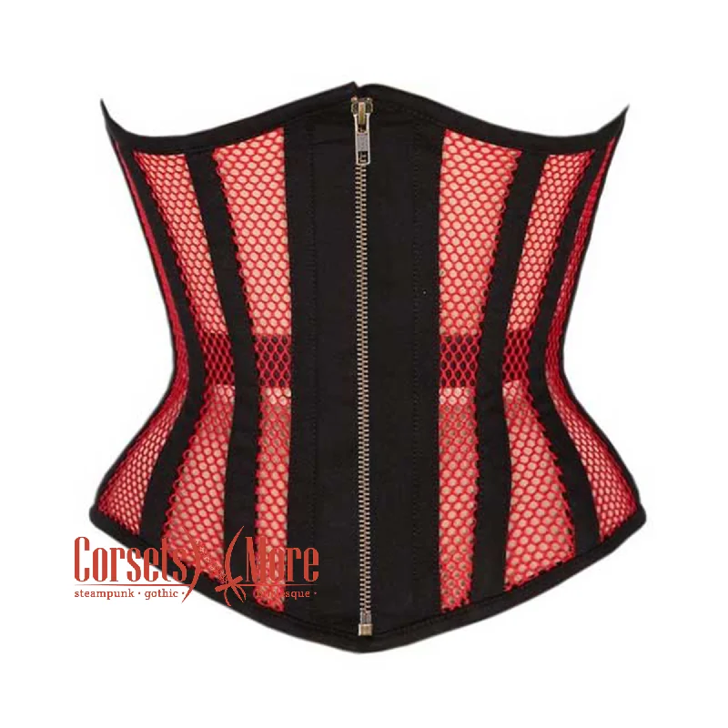 Corset dress with lace trim-Plus Size  Red Mesh Black Cotton Gothic Front Zipper Waist Training Underbust Corset